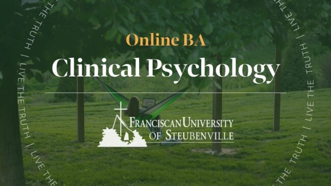 A student using a laptop in a hammock outdoors with text “Online BA Clinical Psychology” and “Franciscan University of Steubenville,” with “Live the Truth” around the border.