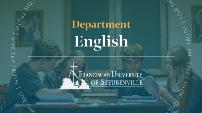 College students studying literature together at a table with books in a classroom setting with text “Department English” and “Franciscan University of Steubenville,” with “Live the Truth” around the border.