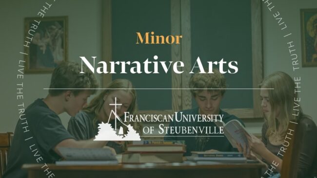 Students reading and studying together at a table with books with text “Minor Narrative Arts” and “Franciscan University of Steubenville,” with “Live the Truth” around the border.